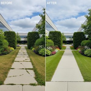 Before and after images of a commercial property entrance on Argentia Road, Mississauga, showing a transformation from a dull lawn to a professionally landscaped space with flower beds and hedges.