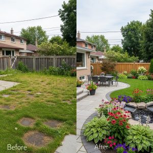 Before and after images of a residential backyard in Meadowvale, Mississauga, showing a transformation from an overgrown lawn to a beautifully landscaped yard with a stone patio and flower beds.