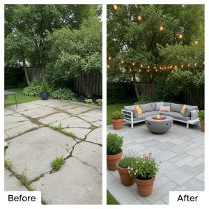Before and after images of an outdoor patio in Clarkson, Mississauga, showing a transformation from a cracked concrete patio to a stylish seating area with stone tiles and potted plants.