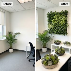 Before and after images of an office corner on Hurontario Street, Mississauga, showing a transformation from an empty space to a vibrant indoor plant arrangement with a vertical garden wall.