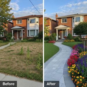 Before and after images of a residential front yard in Port Credit, Mississauga, showing a transformation from a plain lawn to a beautifully landscaped yard with a stone pathway and flower beds.